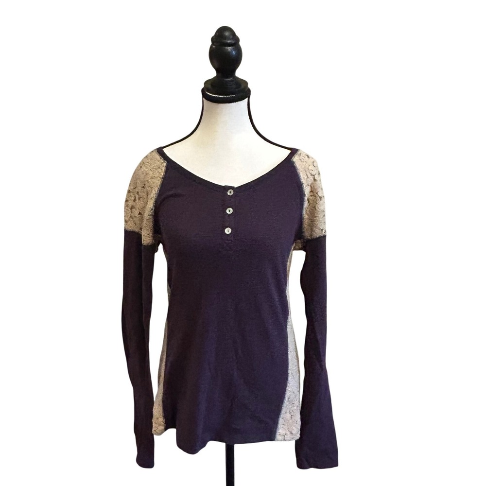 Sanctuary Purple Lace Sleeve Henley Top - Women's Size L Boho